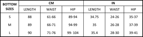 Infinity legging size chart