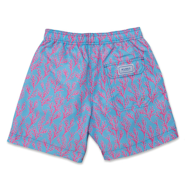 Mens Coral Pink Swim Shorts With &#39;Seaweed&#39; Printed Design – BUNKS | Swimming Shorts For Boys & Men