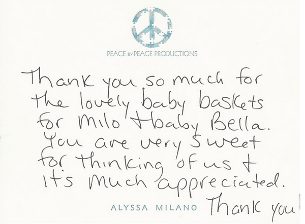 Alyssa Milano uses a CND motif at the head of her personalised notecards