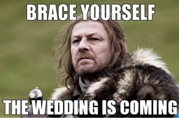 A wedding meme of Sean Bean in Lord of the Rings looking grim faced
