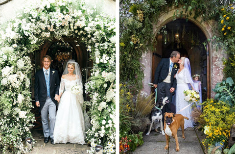 floral wedding arrangements adorn the entrances of these churches