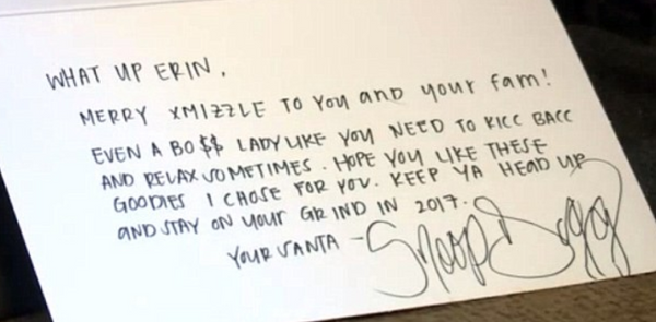 a personal notelet from Snoop Dogg to one of his friends for christmas