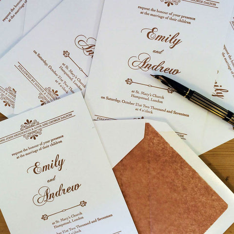 Pemberly Fox's Kenwood wedding invitation, showing letterpress text in brown on a cotton card