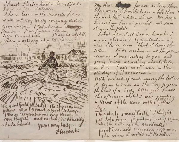 A handwritten note and sketch from Vincent van Gogh to John Peter Russel