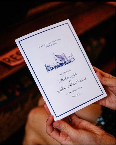 The front cover of an order of service, printed with a border and an image of the church
