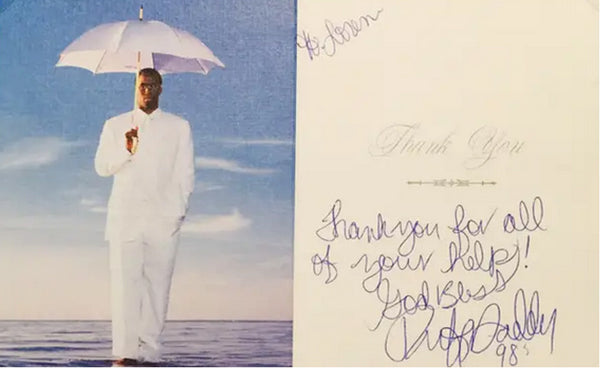 a postcard showing P Diddy on the left with a hand written note on the right