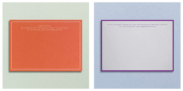personalised notecards from pemberly fox, showing a colourful mandarin card with white printed text and a traditional bordered card