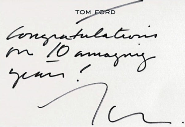 as note card from Tom Ford with his printed name crossed out which is a term of familiarity