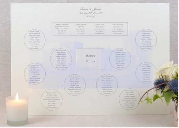 A wedding table plan with an image of the venue printed in the background