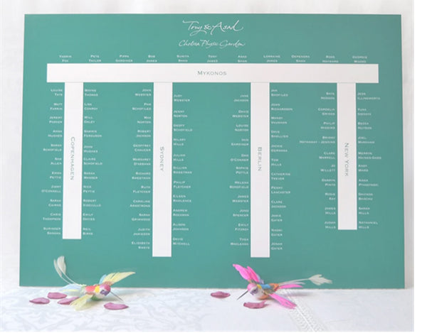 A table plan showing a banquet layout with all the detail printed white out of a green background