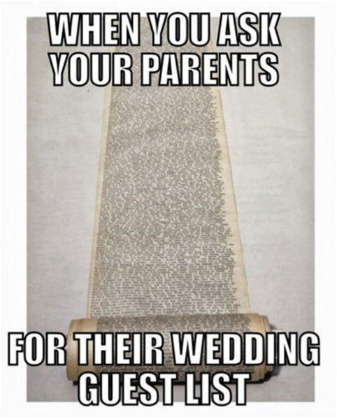 A meme of an extended wedding guest list of your parents friends, shown as a scroll 