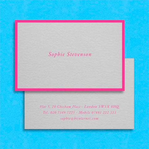 the Prideaux visiting card uses a hot pink text and border on a light grey card stock