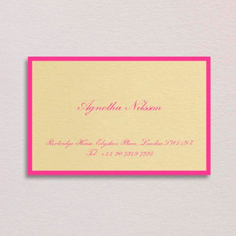 Hot pink text printed onto a Sorbet Yellow visiting card