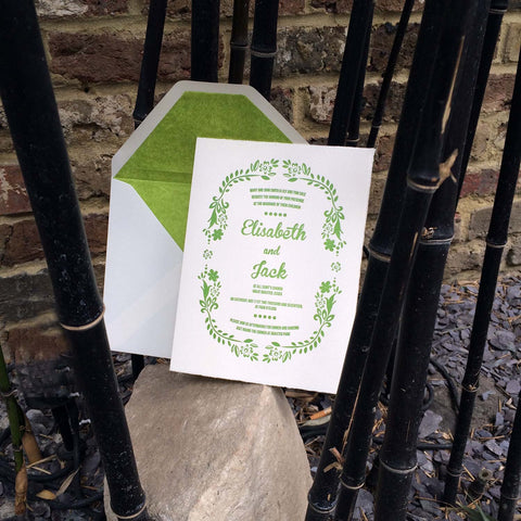 The Willow rustic spring wedding invitation, letterpress in green onto a handmade folded card