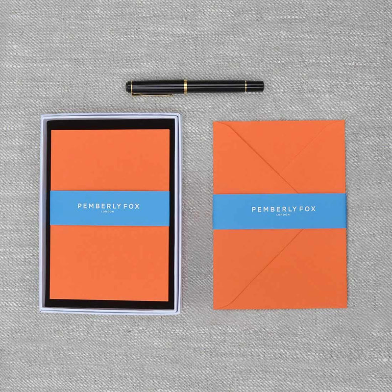 The mandarin blank cards and envelopes, supplied with their matching envelopes and branded Pemberly Fox box.