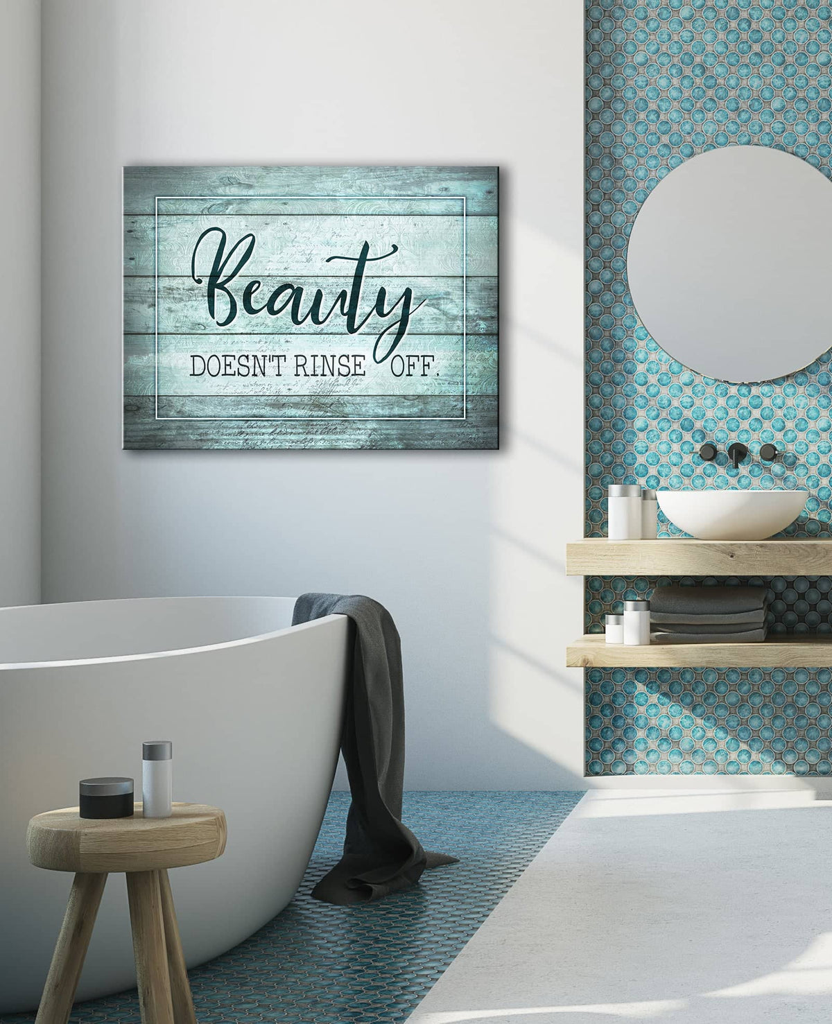 Bathroom Wall Art: Beauty Doesn't Rinse Off (Wood Frame Ready To Hang