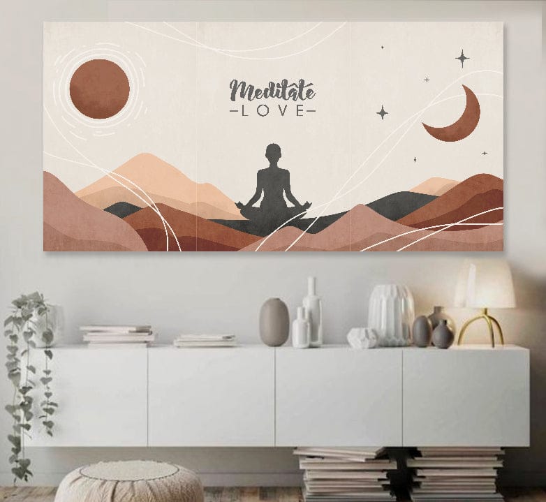 Image of Boho Wall Art: Boho Meditate Sun and Moon (Wood Frame Ready To Hang)  iy o n e .CT 7 5 L 