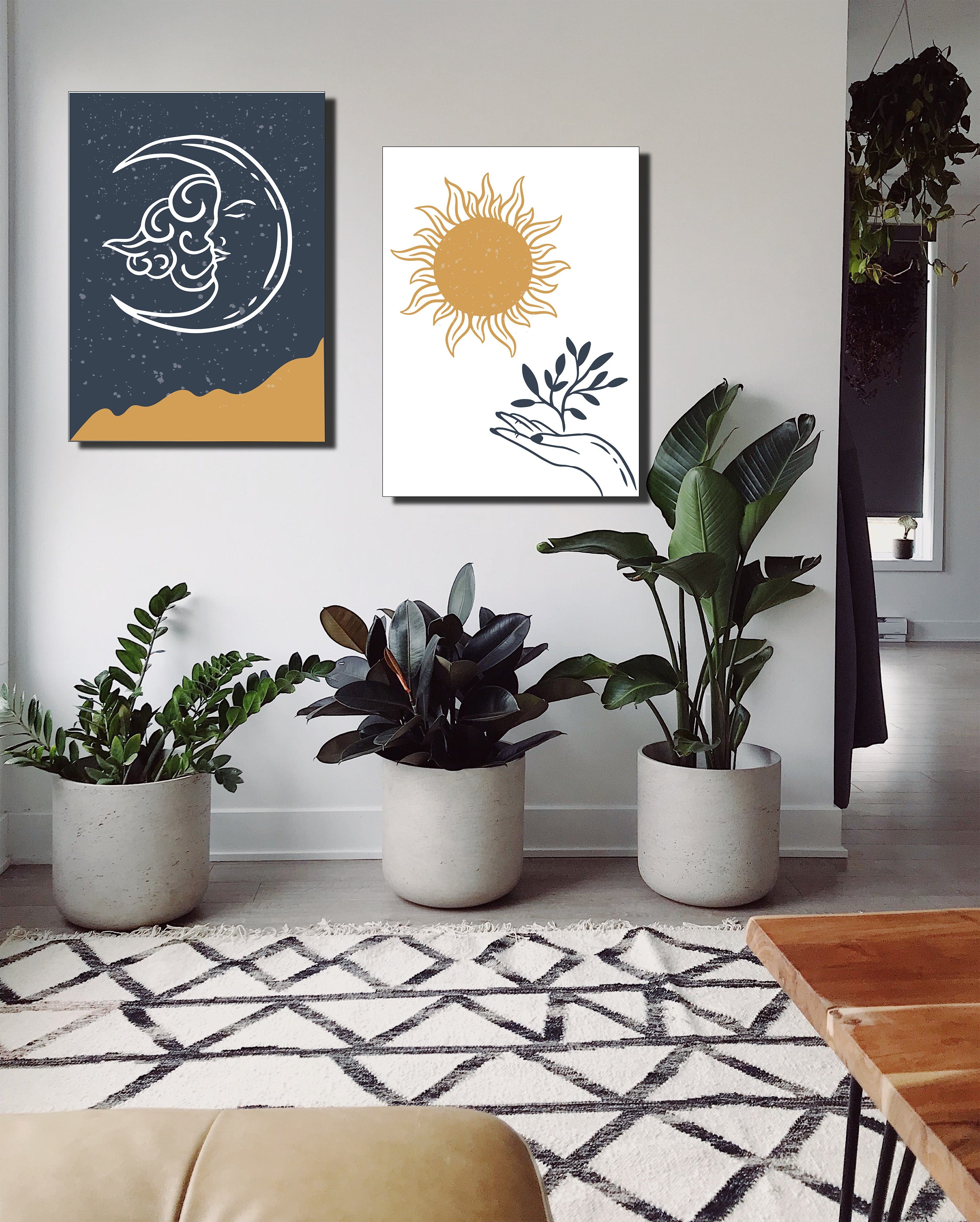 Image of Boho Wall Art: Sun and Moon Set of 2 (Wood Frame Ready To Hang)  