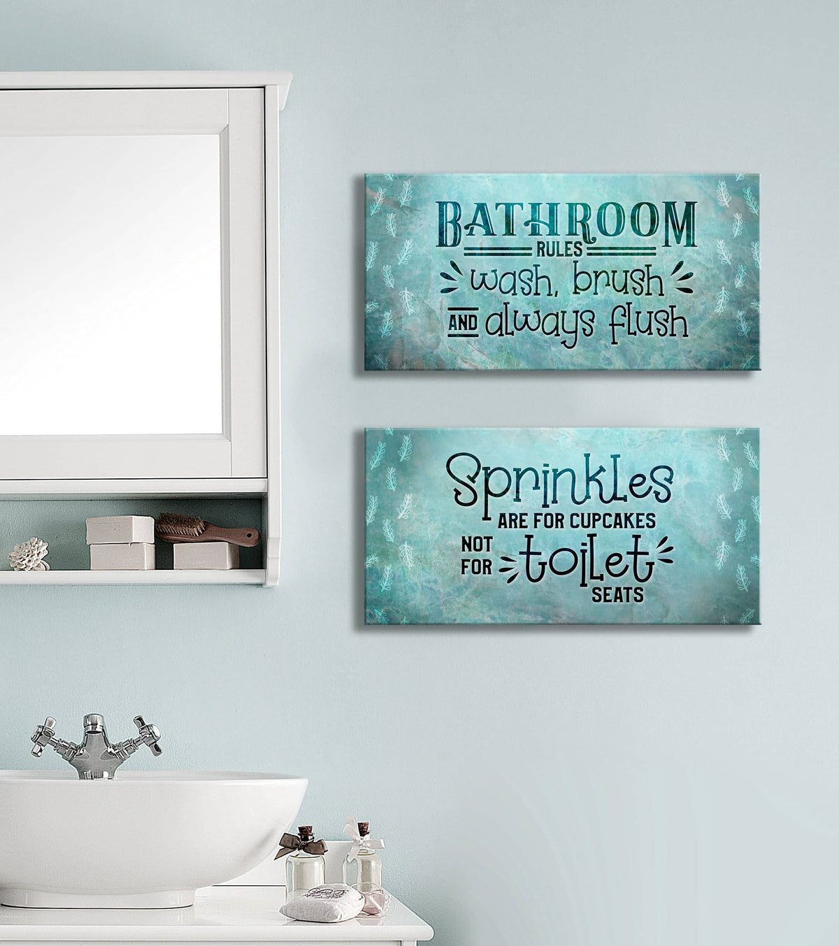 Bathroom Wall Art: Set of 2 Bathroom Rules Sprinkles (Wood Frame Ready