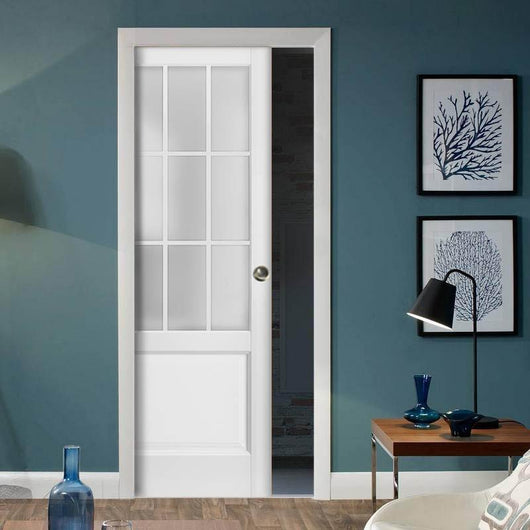 Sliding French Pocket Door With Frosted Glass 9 Lites Felicia 3309 Matte White Kit Trims Rail Hardware Solid Wood Interior Bedroom Sturdy Doors