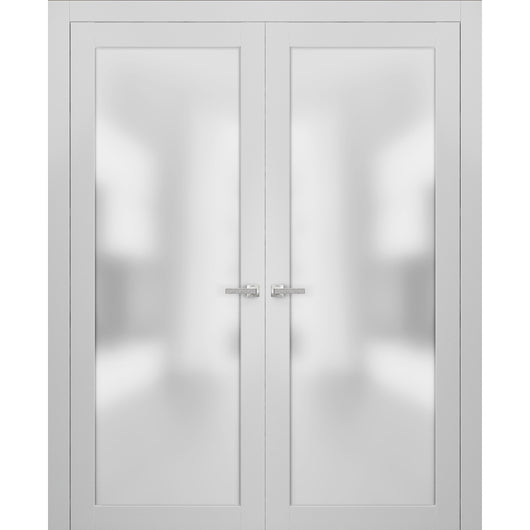 Planum 2102 Interior Double Pre Hung Closet Doors White Silk With Trims Frame Handles