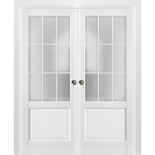 Sliding French Double Pocket Doors Frosted Glass 9 Lites Felicia 3309 Matte White Kit Trims Rail Hardware Solid Wood Interior Bedroom Sturdy