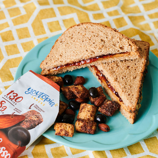 youtopia snacks on a plate of high protein peanut butter jelly sandwich