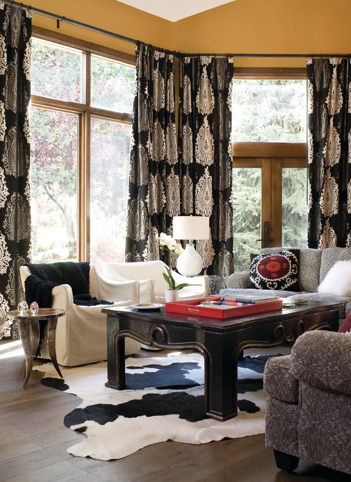 Unique-curtains-in-Living-Room-Contemporary-with-Suzani-next-to-Sofa-alongside-Cowhide-Rugs
