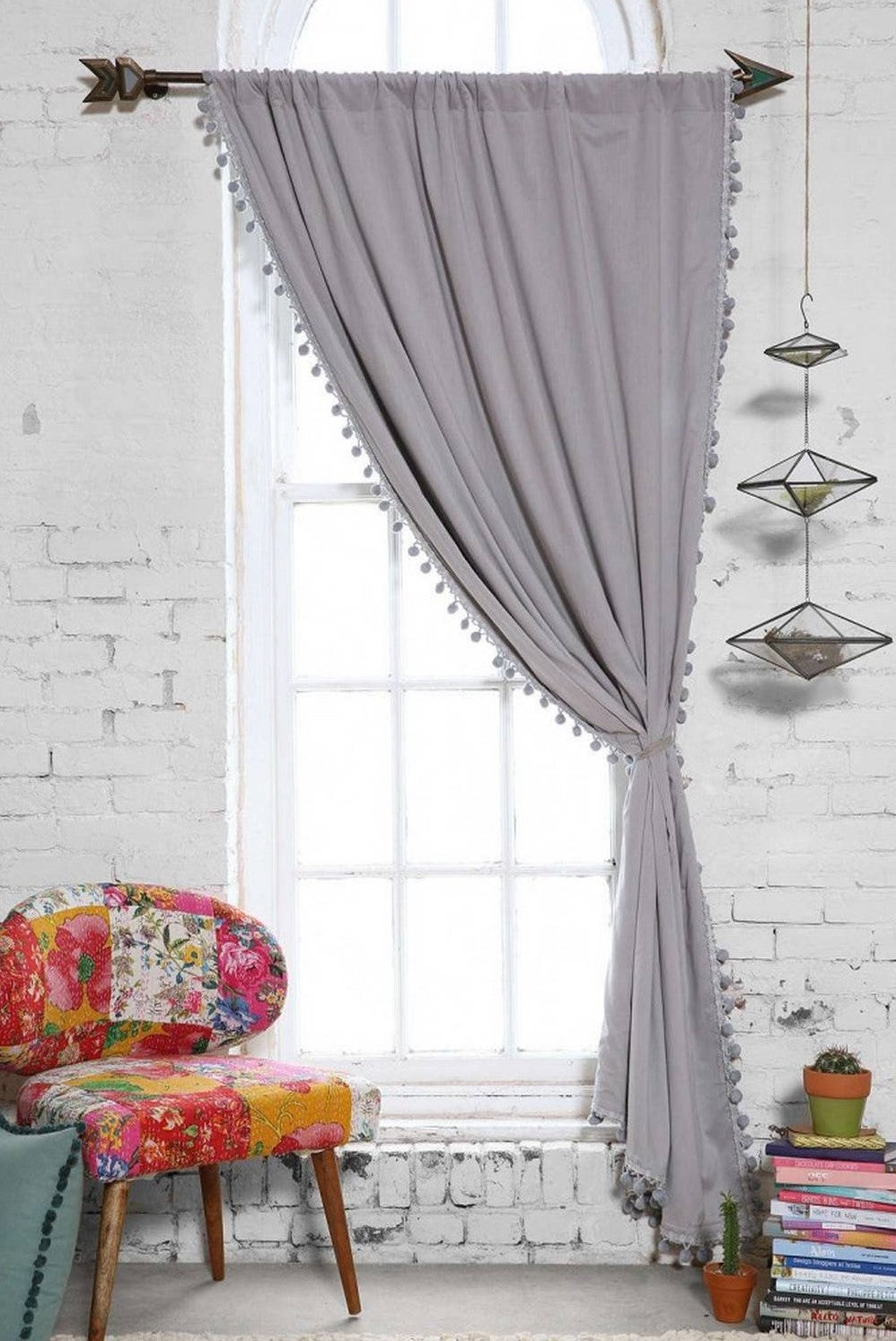 bohemian rod pocket window dressing wit white washed walls