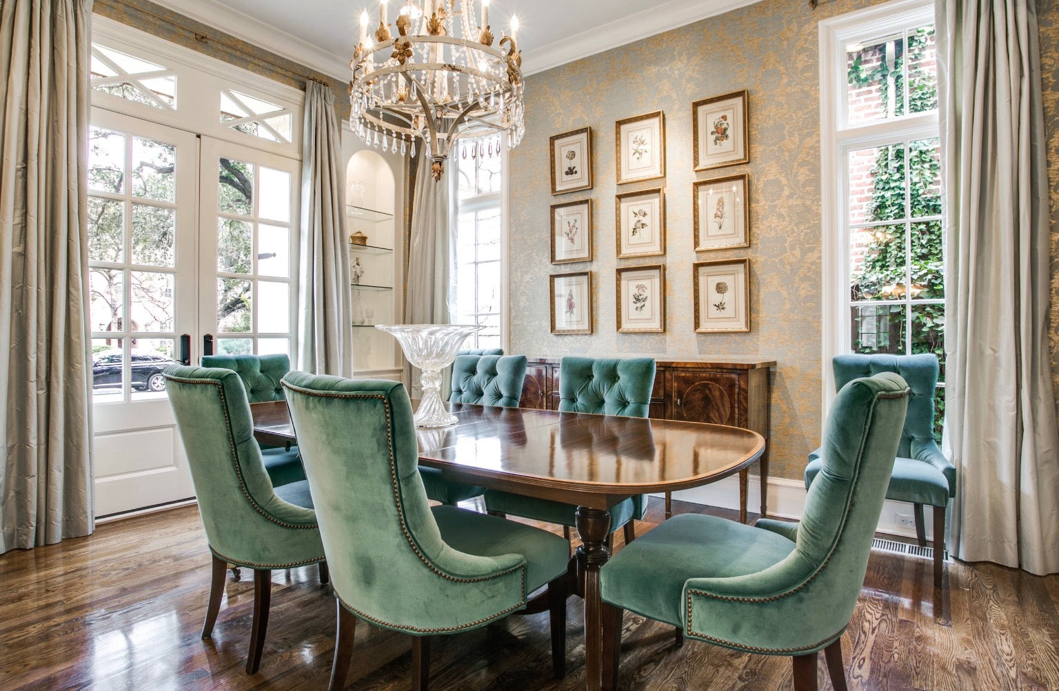 velvet curtains in dining room