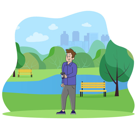 Image: A visual metaphor for enjoying life with IBS. A cartoon man is happy in a sunny park.