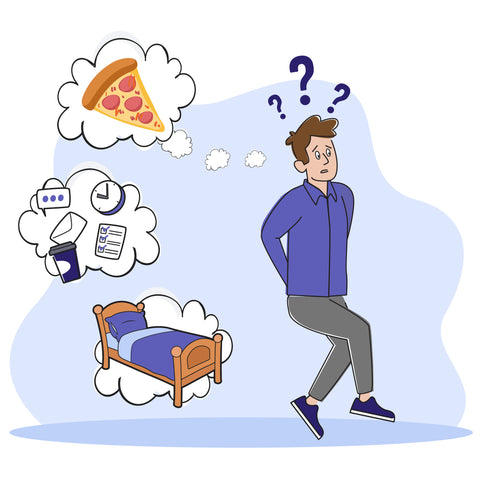 Image: A cartoon of a man running away from cartoons of a bed, a greasy slice of pizza, and coffee and emails representing a stressful schedule. A visual metaphor for dealing with unpredictable IBS symptoms.