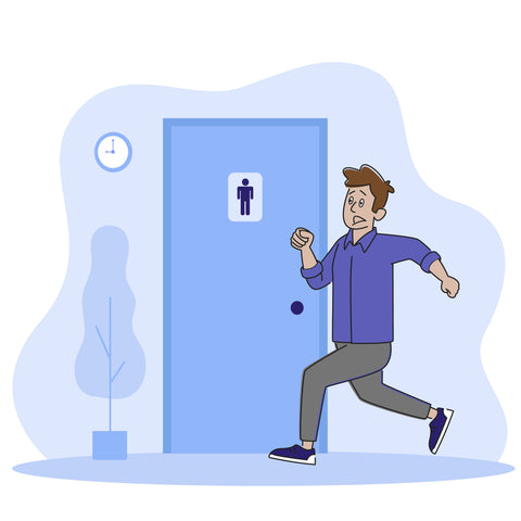 A visual metaphor for living with IBS. A cartoon man is running towards a public washroom, looking confused and uncertain.