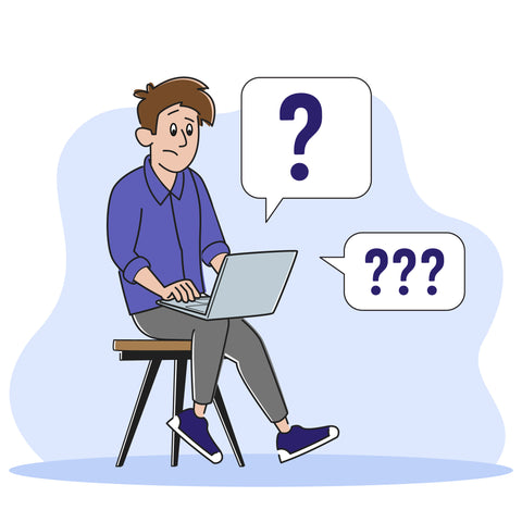 Image: A visual metaphor for living with IBS. A cartoon man is doing research on a laptop, looking confused and uncertain, with question marks around his head. He looks uncertain.