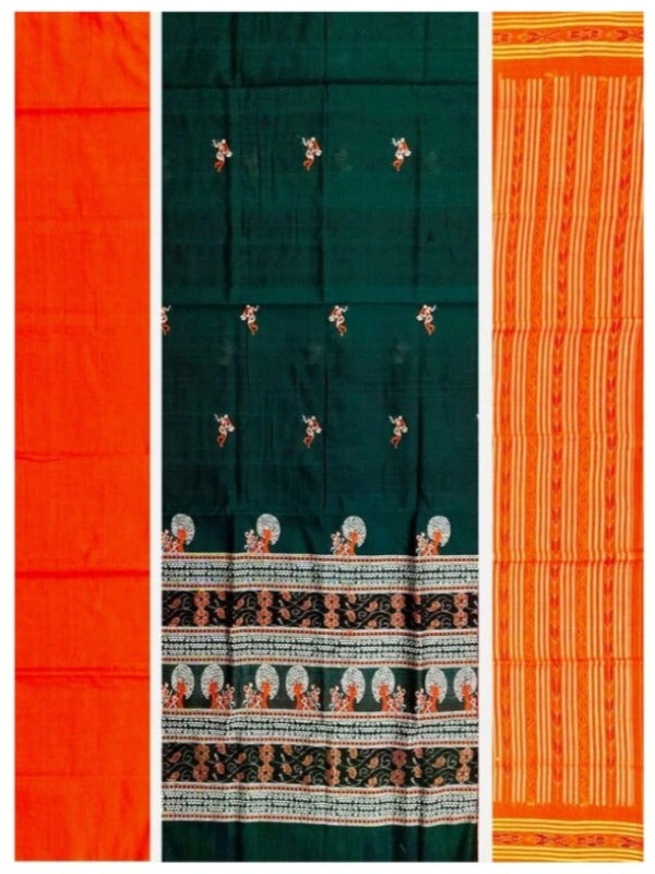 Bomkai Cotton Dress Material Set. Green Orange Combinatioan