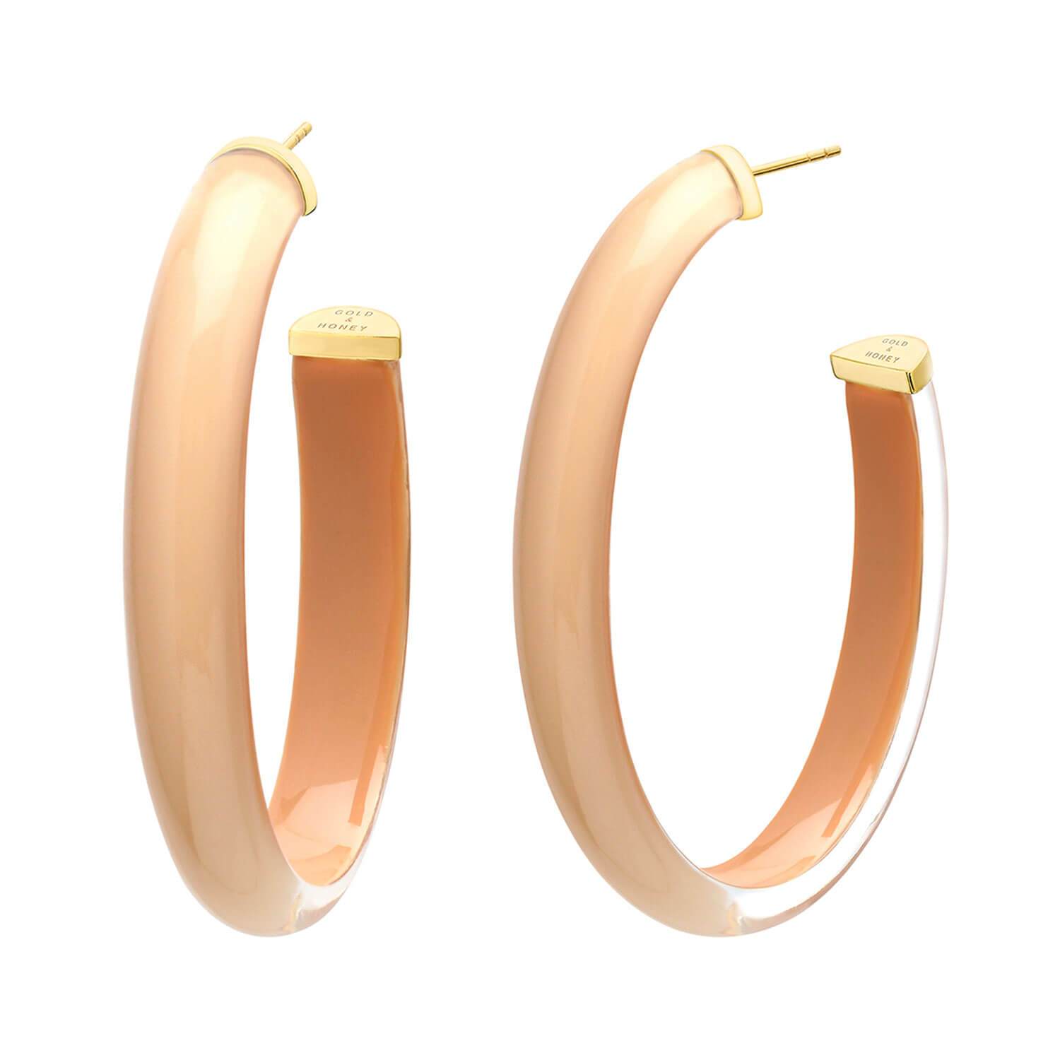 Clip On Xl Honey Lucite Bamboo Hoops, Gold & Honey