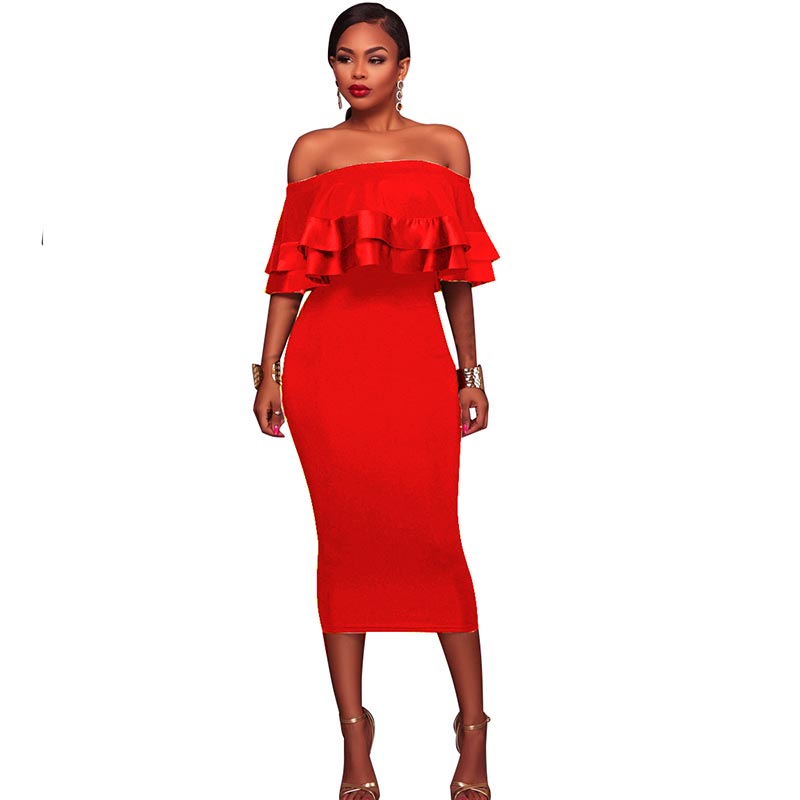 red midi ruffle dress