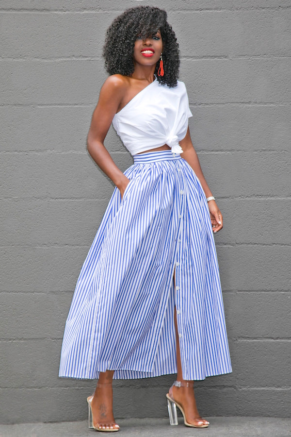 blue and white striped maxi skirt