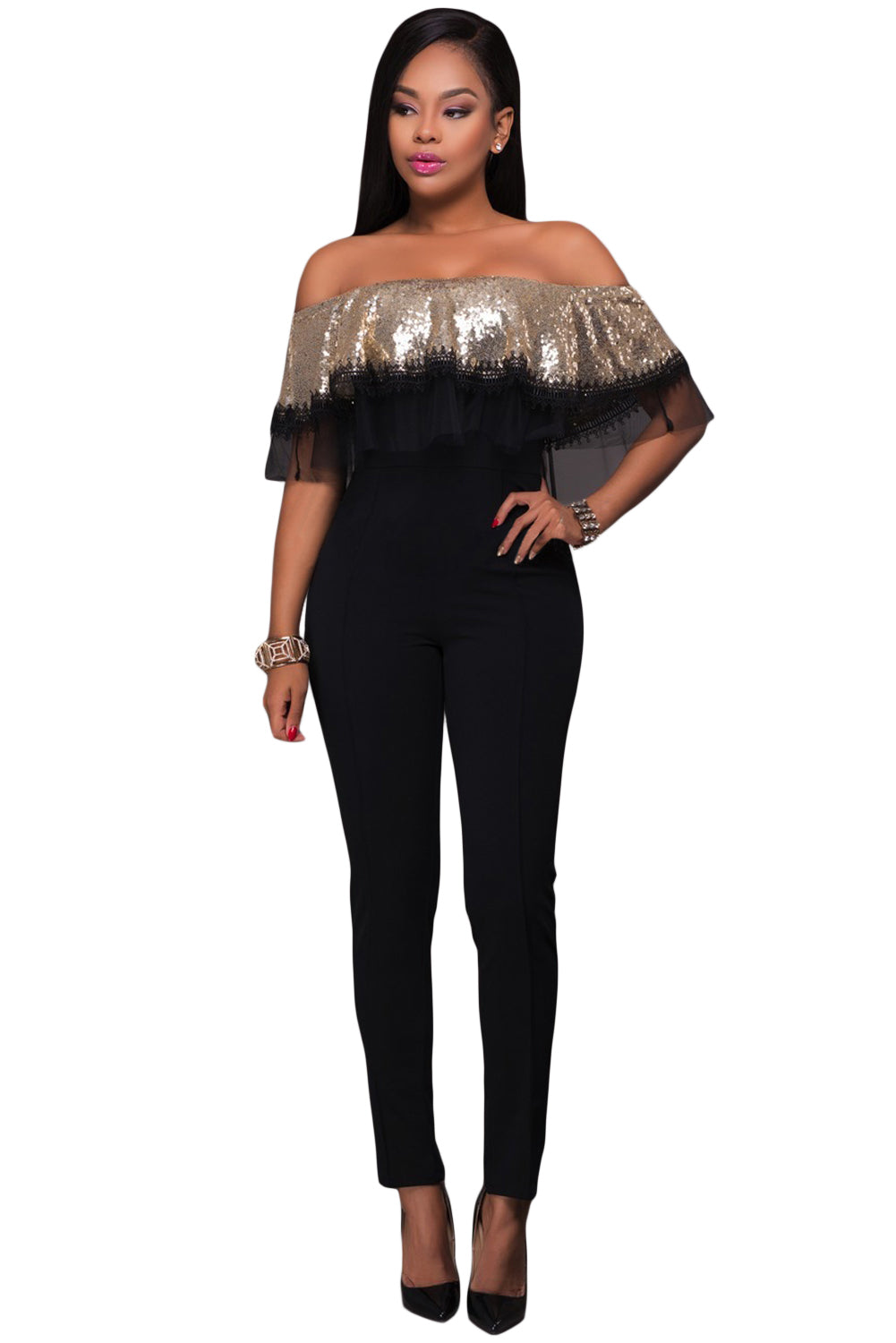 Sexy Gold Sequin Ruffle Top Jumpsuit – SEXY AFFORDABLE CLOTHING