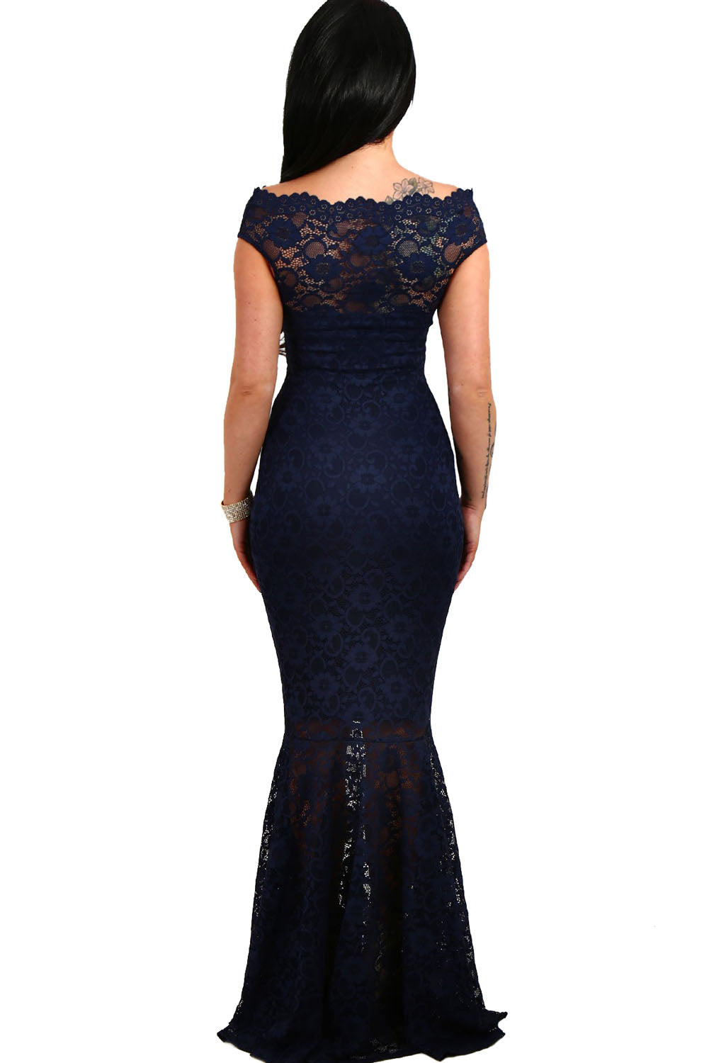 navy bardot lace fishtail maxi dress