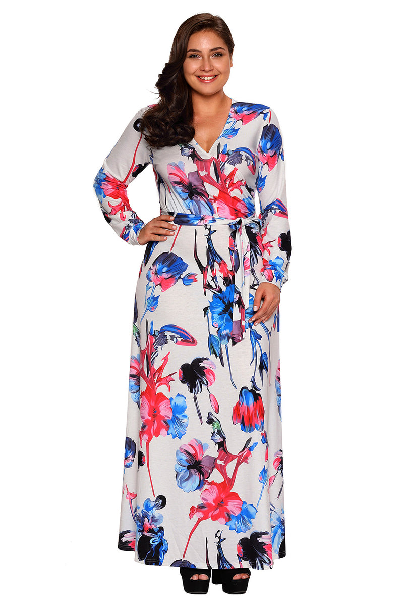 Sexy Blue Red Floral Print Sash Tie Plus Size Maxi Dress – SEXY ...