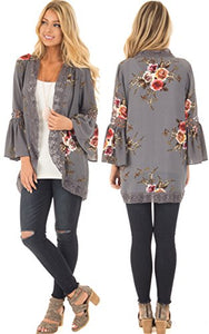 Womens Floral Print Loose Puff Sleeve Kimono Cardigan Lace Patchwork C ...