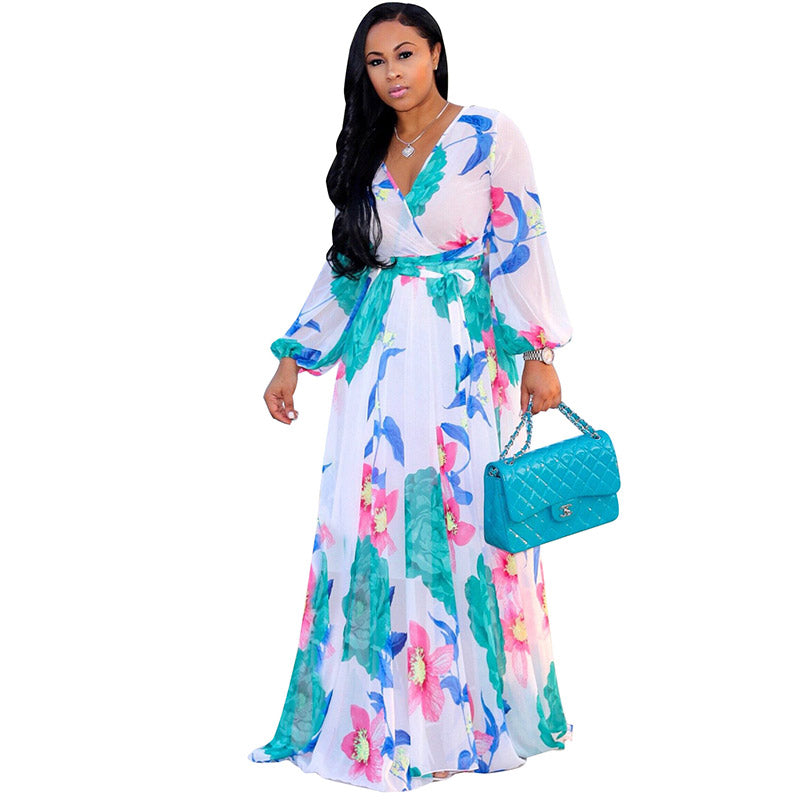 Long Sleeve Maxi Chiffon Wrap Dress #V Neck #Long Sleeve #Flower Print ...