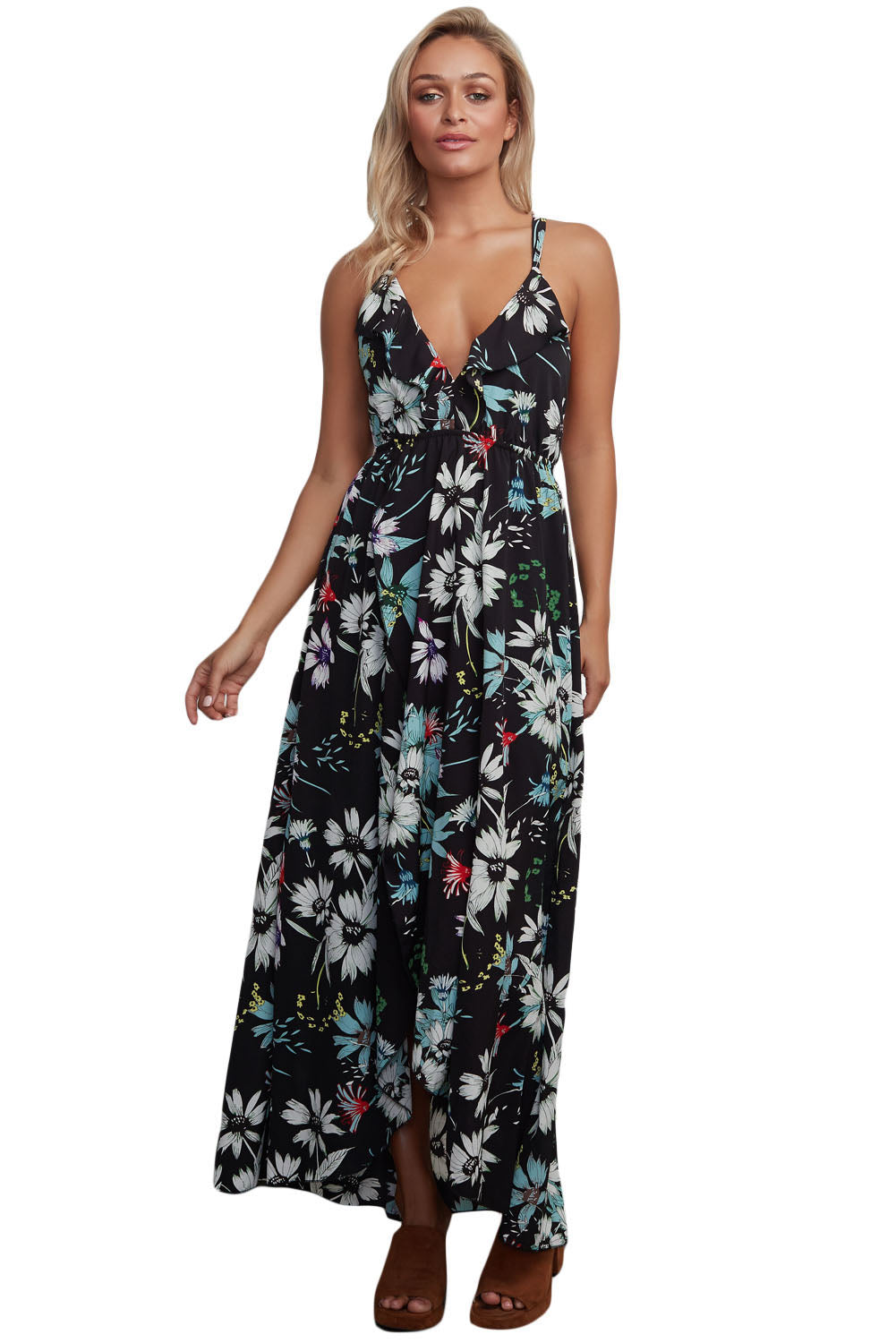 black floral chiffon maxi dress