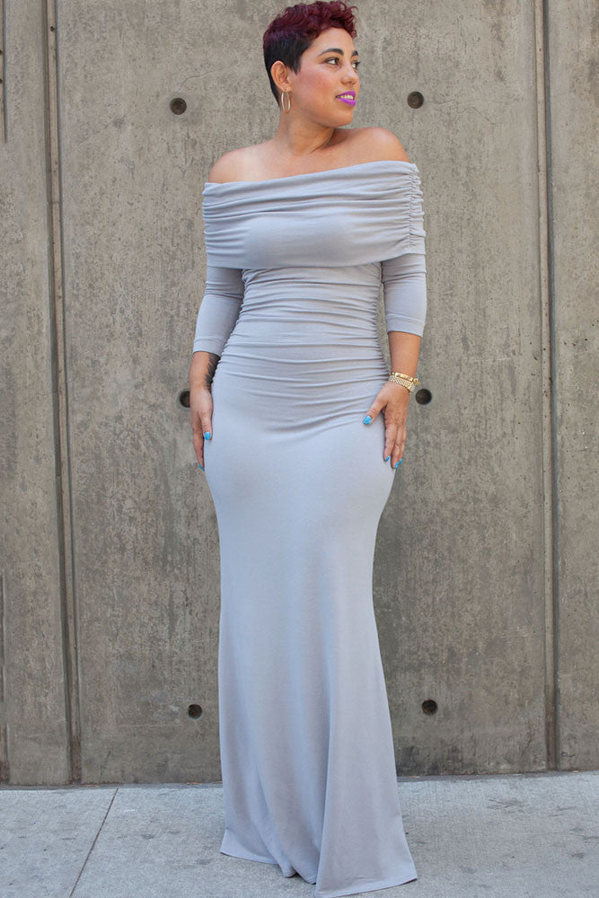 grey off the shoulder maxi dress