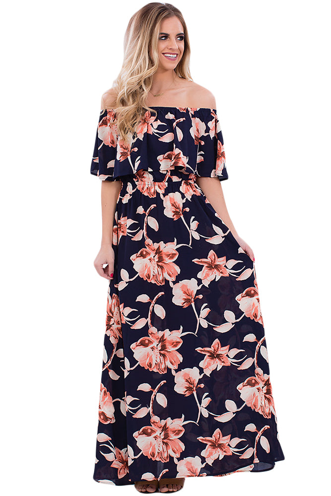 Sexy Navy Blue Boho Vibe Floral Print Off Shoulder Maxi Dress – SEXY ...