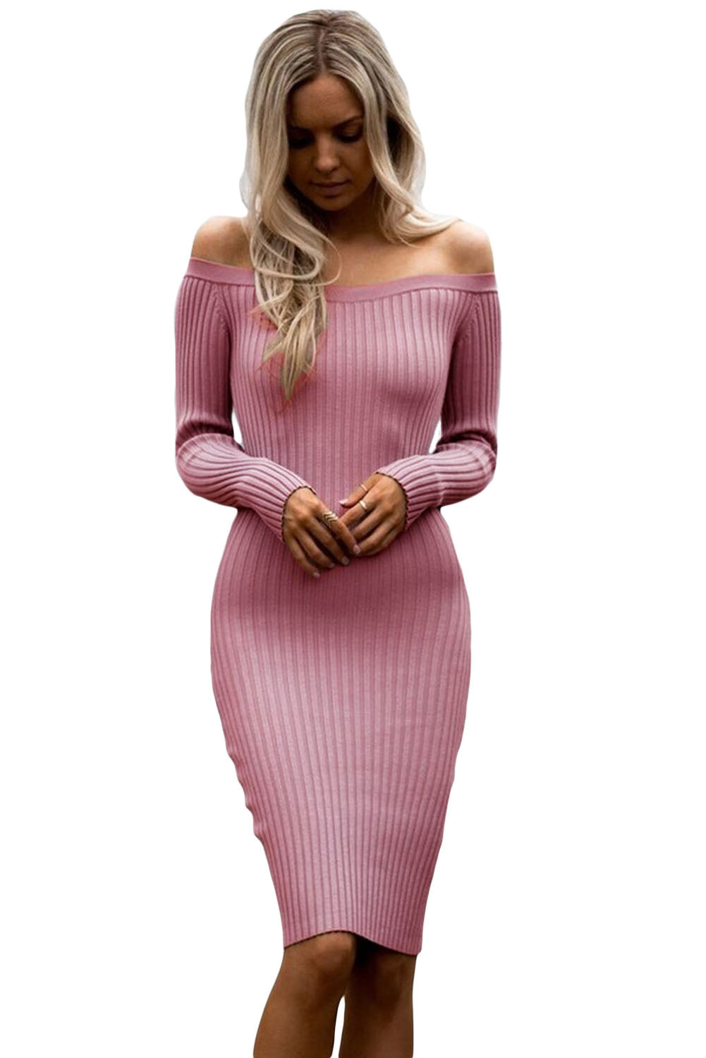 ribbed off the shoulder long sleeve dress