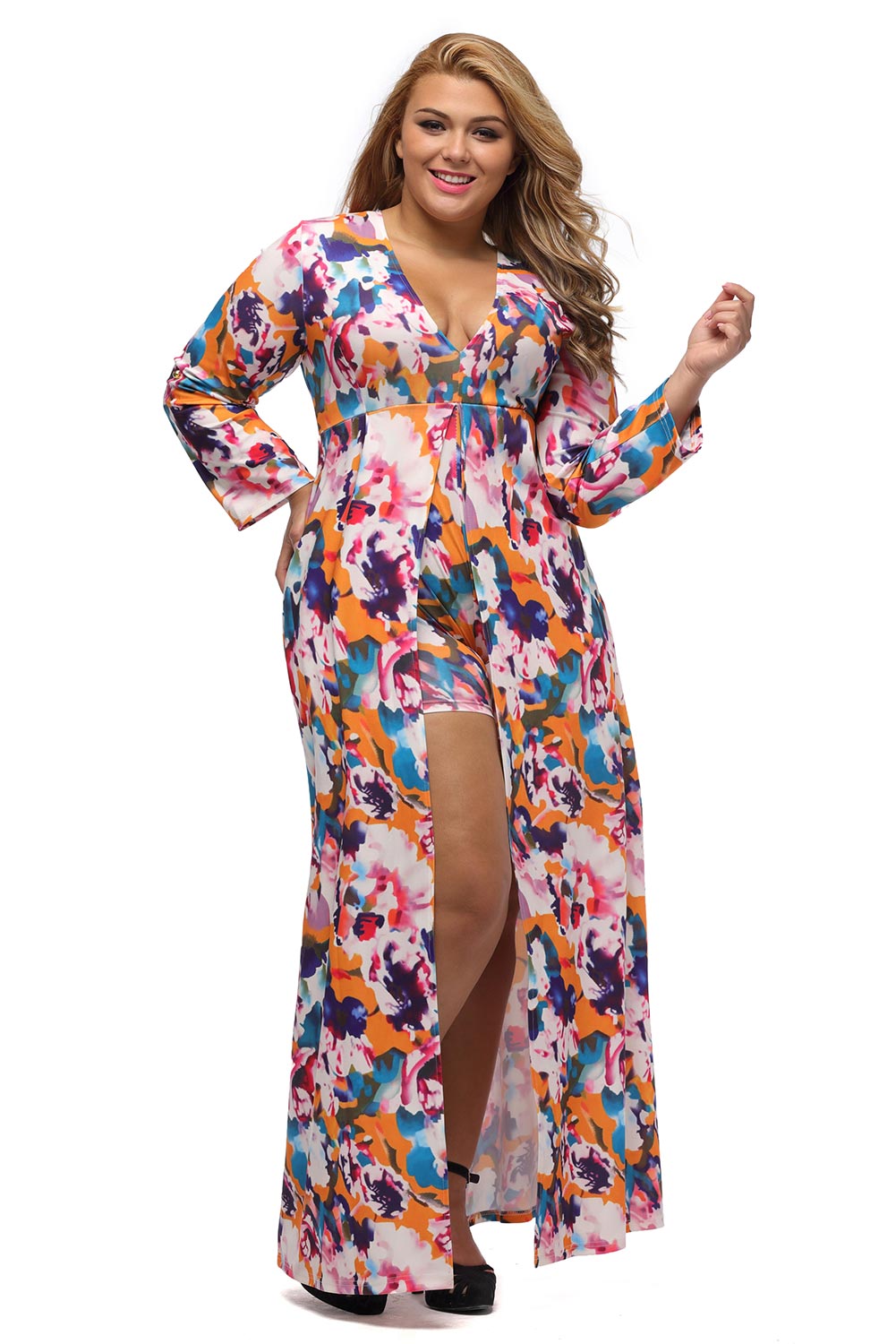 Sexy Plus Size Sleeved Floral Romper Maxi Dress Sexy Affordable Clothing 8397