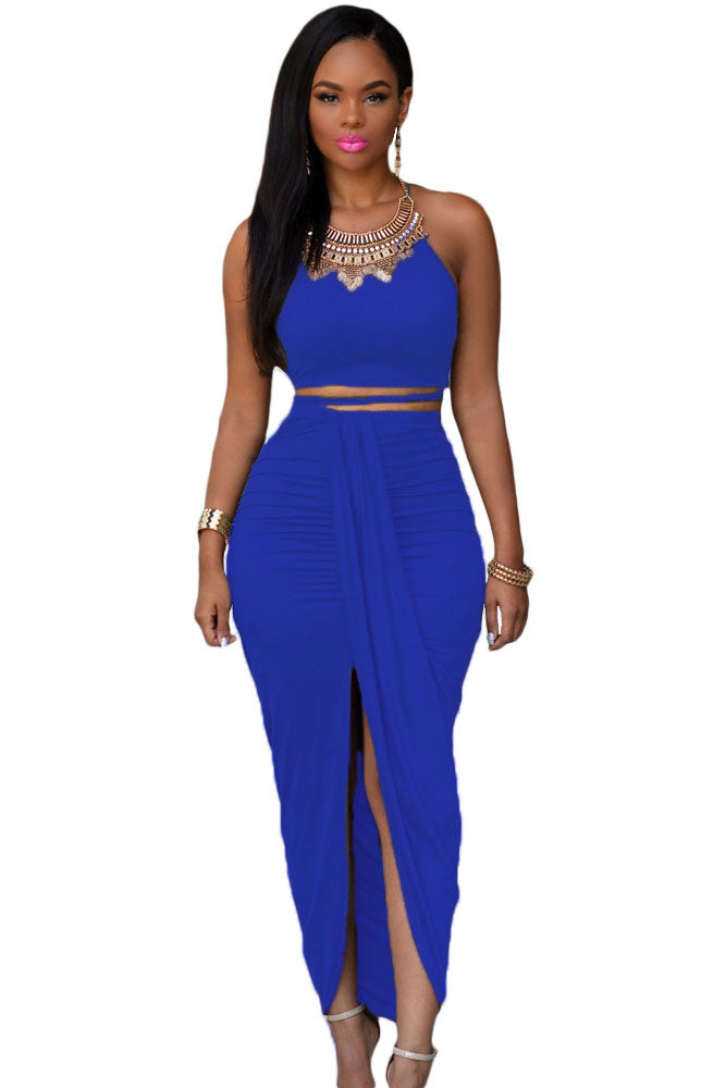 Sexy Royal Blue Cotton Two Piece Maxi Skirt Set Sexy Affordable Clothing 2477