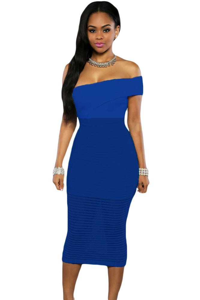 Sexy Royal Blue Single Shoulder Sheer Striped Midi Dress – SEXY ...